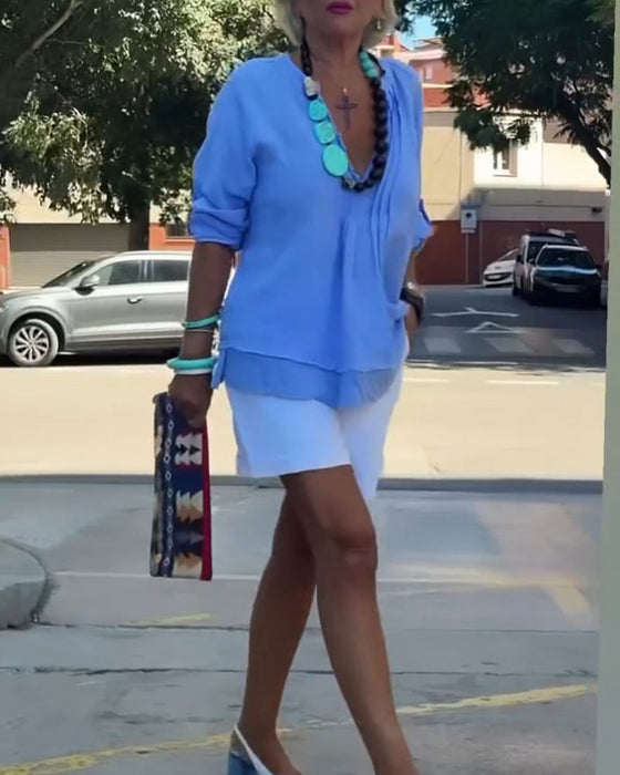 Blouse Col En V Froncée Panneau Décontractée