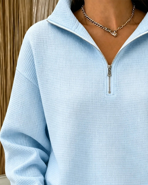 Sweatshirt Demi Fermeture Éclair Gaufré Manches Longues