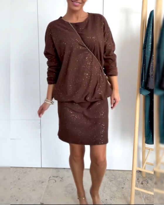 Robe Col Rond Paillettes Fines À La Mode