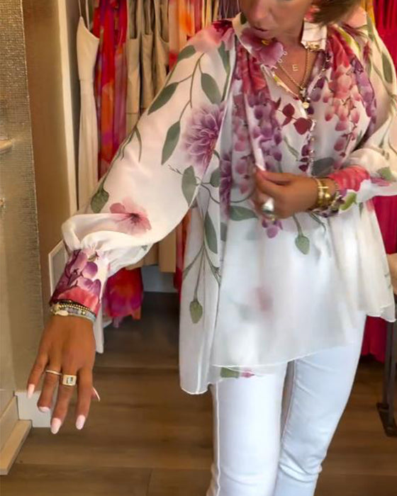 Blouse Manches Lanterne Décontractée Imprimée