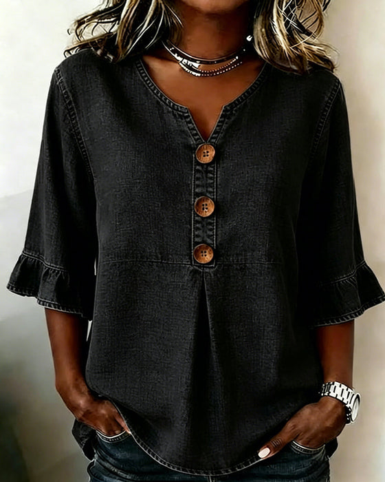 Blouse Col En V Manche Évasée Jean