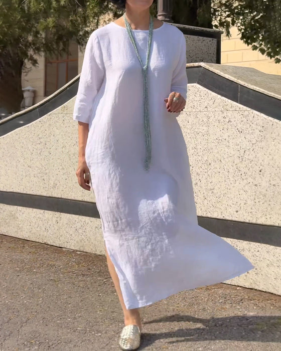 Robe Col Rond Unie Manche Coude Lâche
