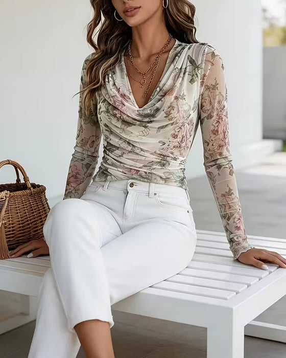 Chemise Col Froncé Imprimé Fleuri Plissé