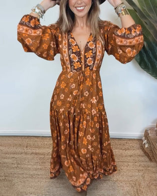 Robe à imprimé floral vintage avec col en V et manches lanterne