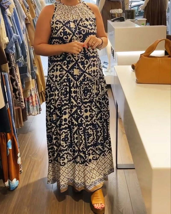 Robe Sans Manches Col Rond Froncée Jupe Ample