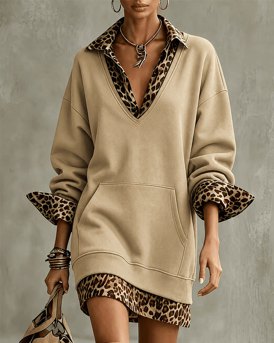 Robe Col En V Imprimé Léopard Sweatshirt