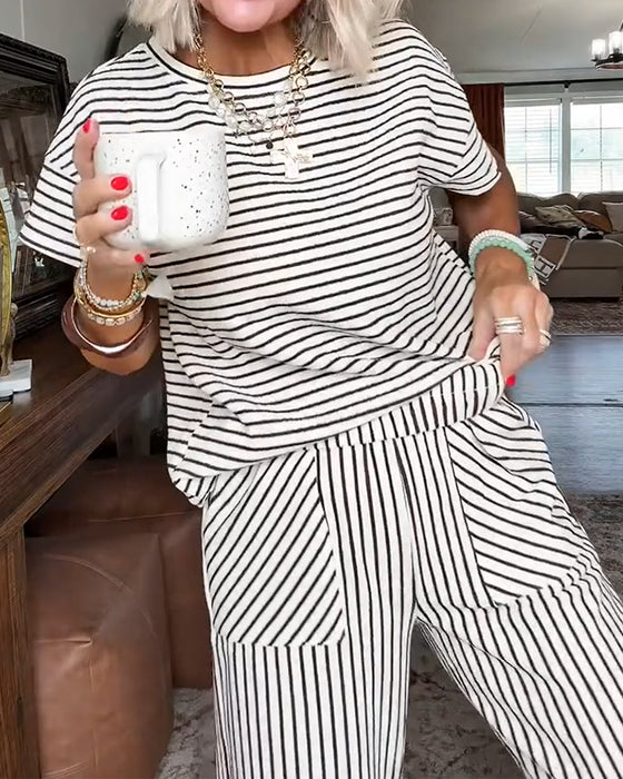 Ensemble Col Rond Rayé Taille Élastique Poche