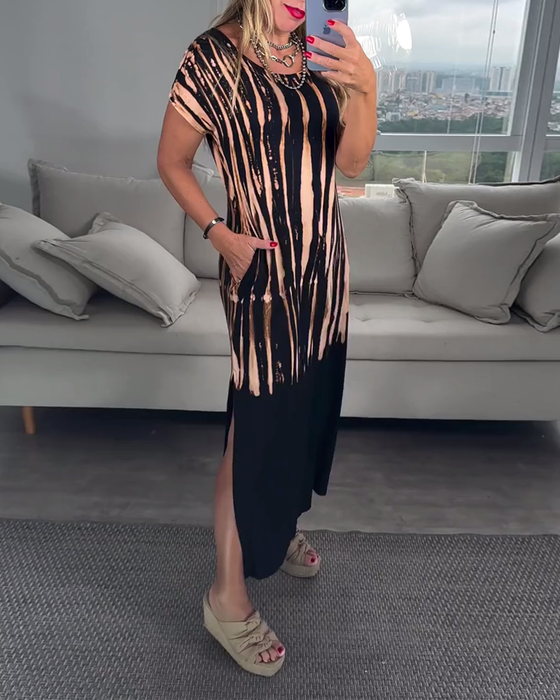 Robe décontractée à manches courtes fendue col rond imprimée