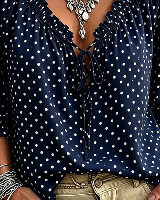 Blouse Col V Volant Polka Dot Attache