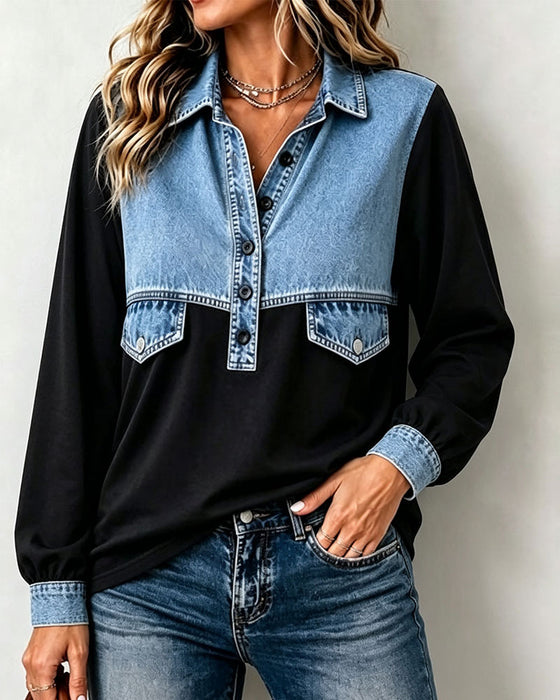 Sweatshirt Col Chemise Poche Patchwork