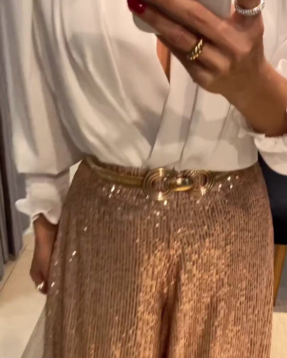 Chemisier élégant de couleur unie à col en V et manches lanternes