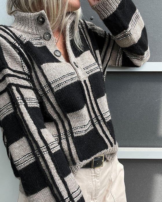 Pull Bouton Col Roulé Carreau Bloc De Couleur