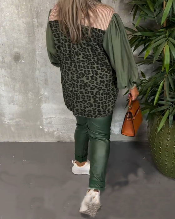 Chemise imprimée léopard à revers et manches lanternes