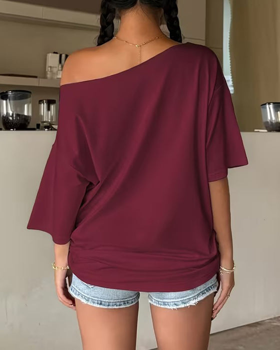 Blouse Une Épaule Manche Chauve-Souris Unie