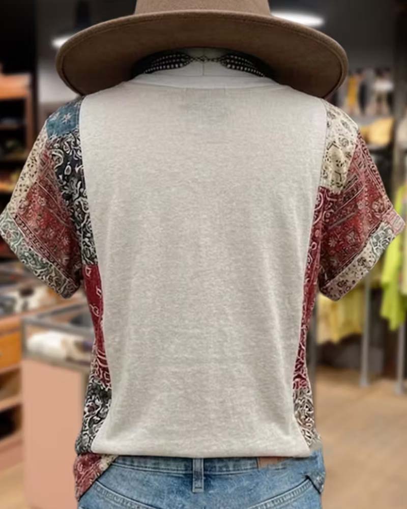 T-Shirt Col V Manches Courtes Patchwork