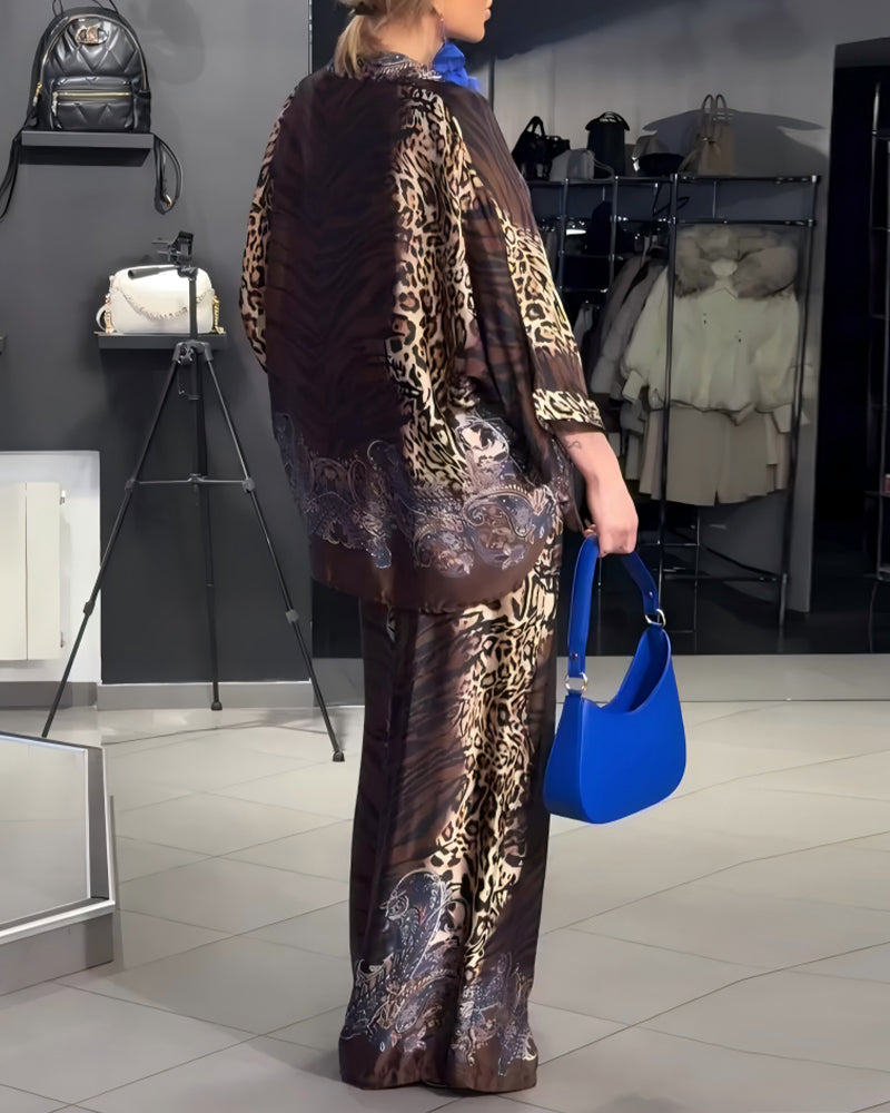 Ensemble Élégant Imprimé Léopard Pantalon Large