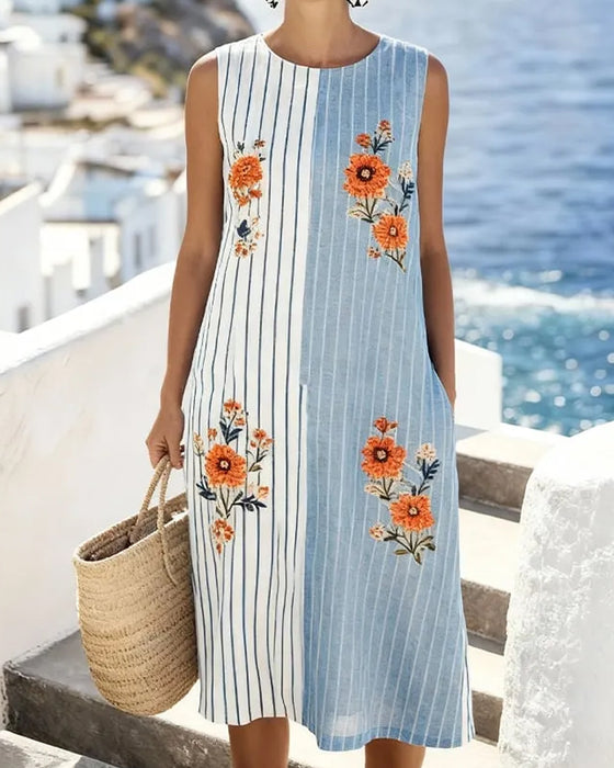 Robe Rayée Fleurie Sans Manches