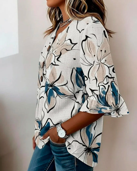 Blouse Col En V Fleuri Volant Manche 3/4