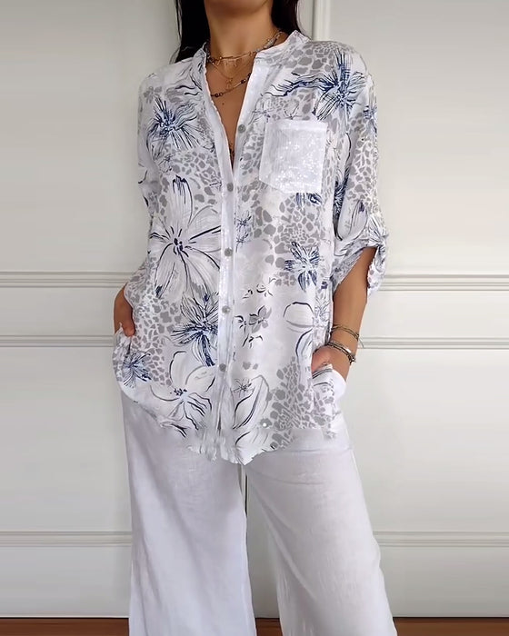 Chemise Col Montant Poche Imprimée