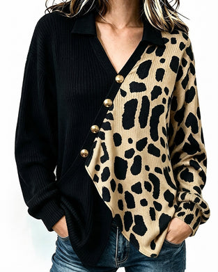 Pullover Léopard Patchwork Patte De Boutonnage Asymétrique Bloc De Couleur
