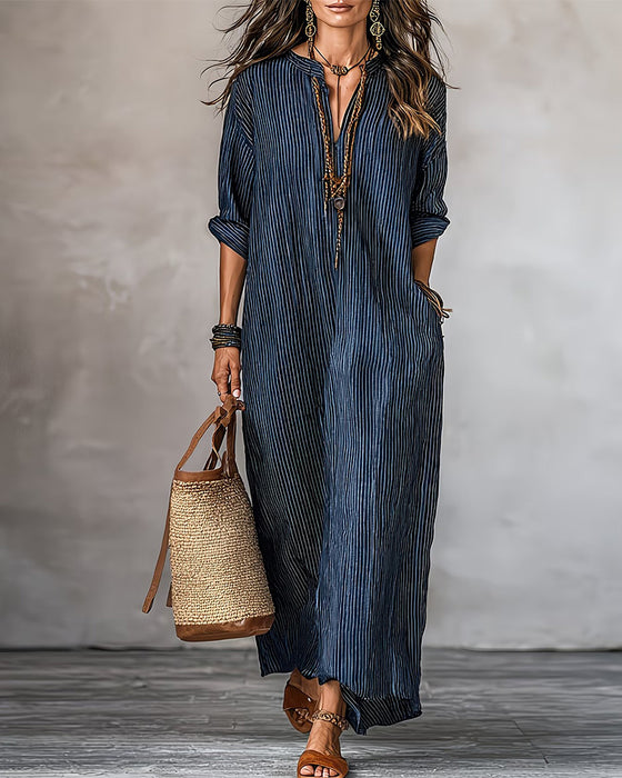 Robe Col V Rayé Poche Chemise