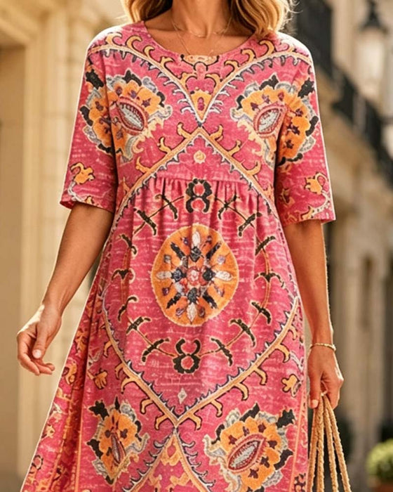 Robe À Col Volanté Et Jupe Évasée Imprimée