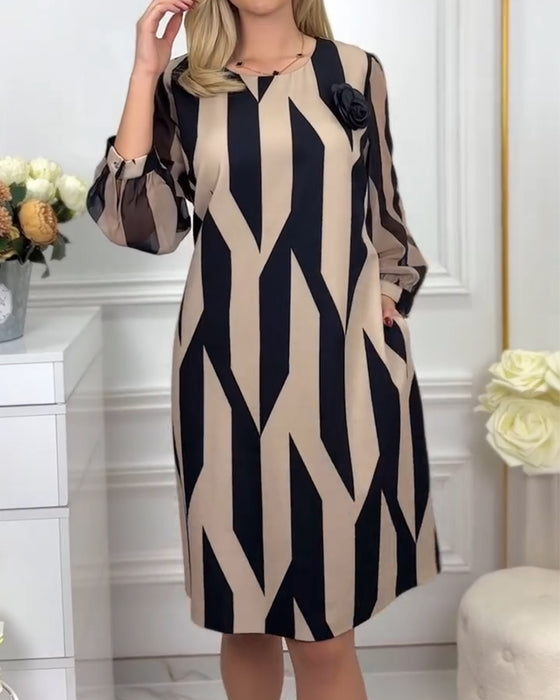 Robe Col Rond Manches Lanterne Imprimée