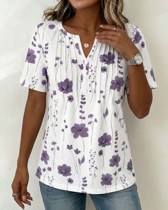 T-Shirt Gaufré Col V Floral