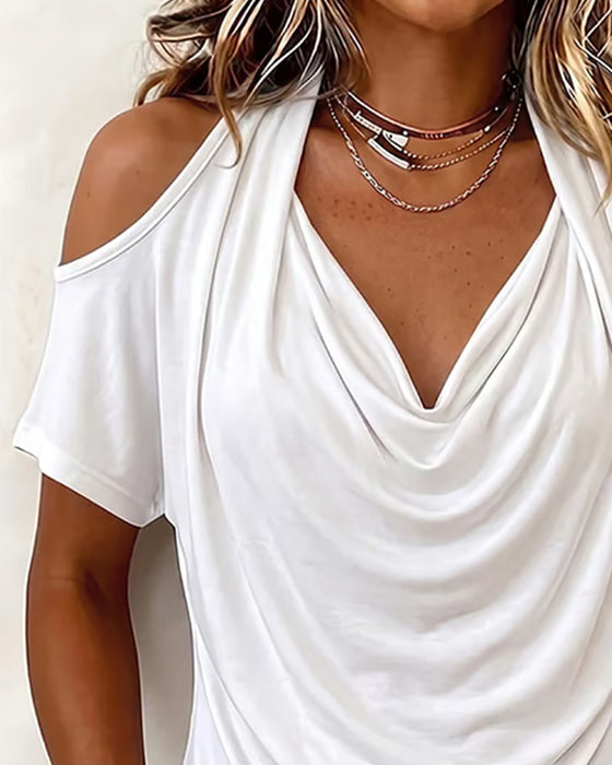 T-Shirt Halter Off-Shoulder Drapé Manche Courte