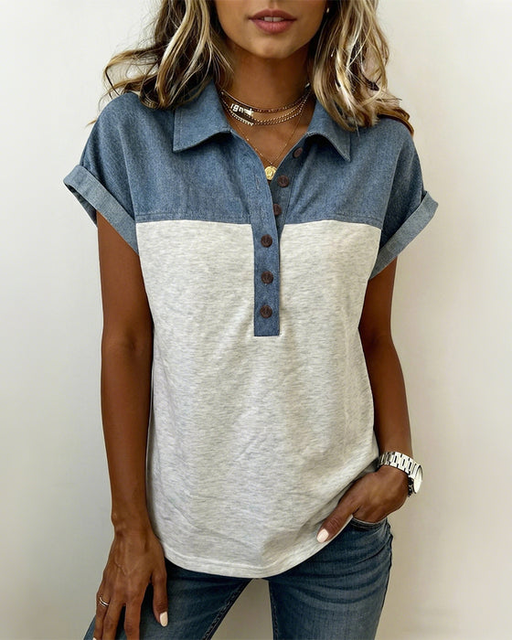 T-Shirt Boutonnage Patchwork Col Retourné