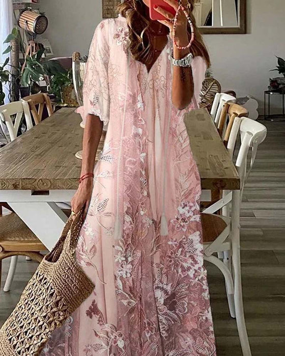 Robe Col En V Fleurie Volant Jupe Ample