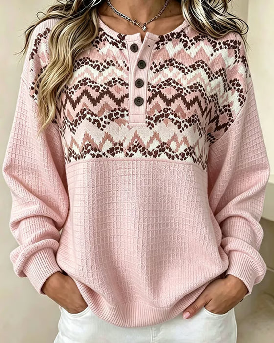Sweatshirt Col Rond Gaufré Décontracté