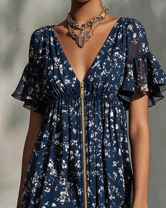 Robe Florale Col V Fermeture Éclair Dentelle