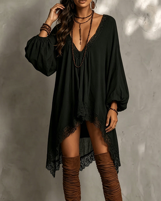 Robe Col V Dentelle Asymétrique