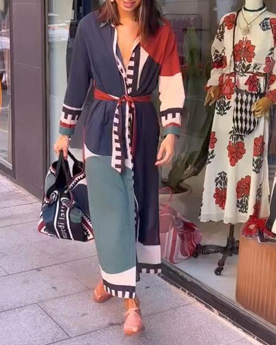 Robe décontractée à imprimé blocs de couleurs avec revers et lacets