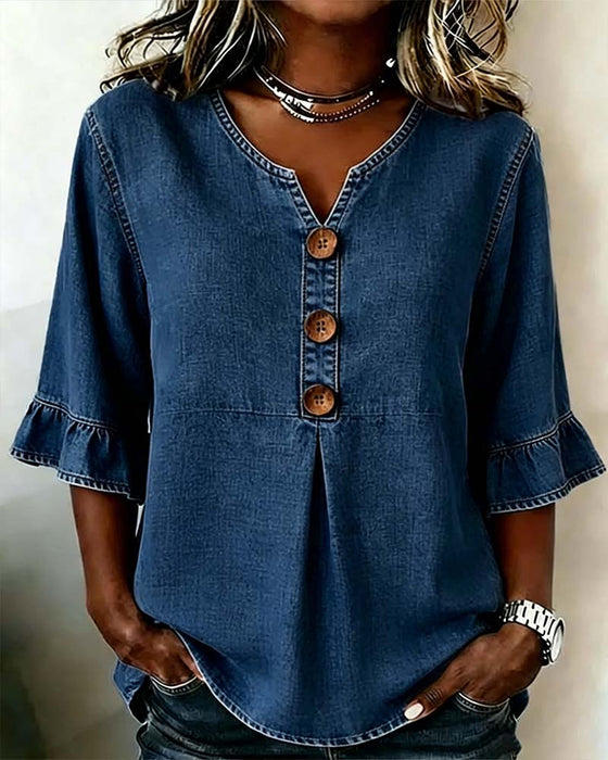Blouse Col En V Manche Évasée Jean