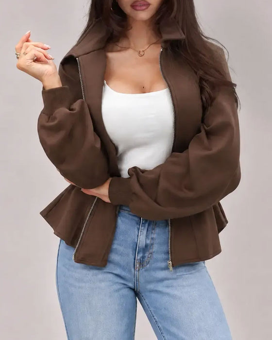 Manteau Revers Fermeture Éclair Taille Plissée