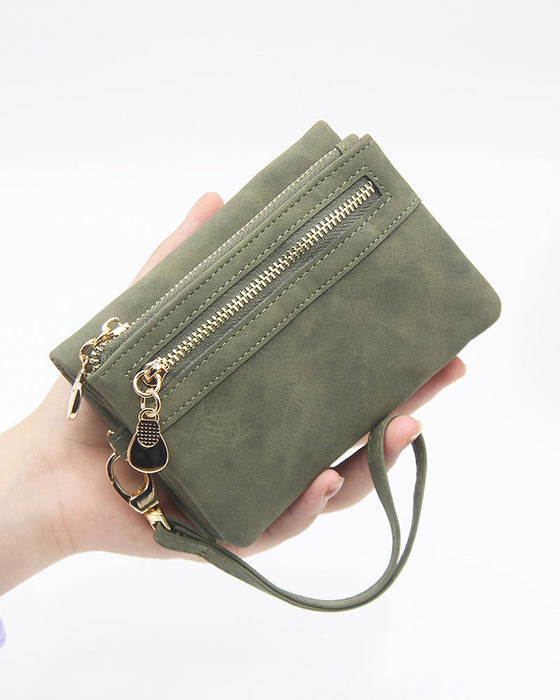 Portefeuille Bifold À Fermeture Éclair Pour Femme Uni Court Porte-Cartes