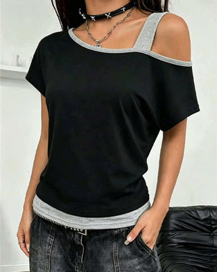 T-Shirt Une Épaule Bloc De Couleur Décontracté