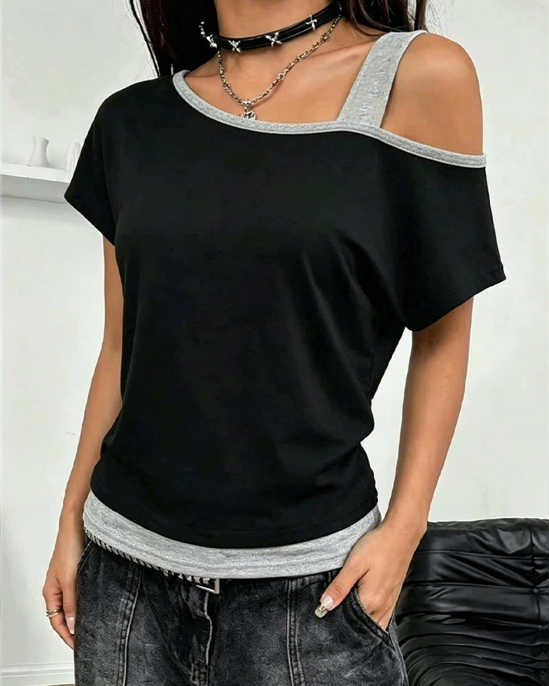 T-Shirt Une Épaule Bloc De Couleur Décontracté