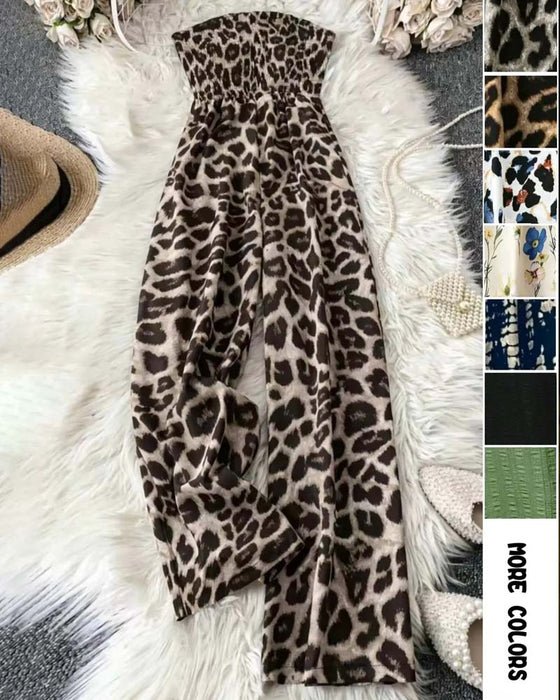 Jumpsuit Sans Bretelles Léopard Imprimé Jambe Large Cintré