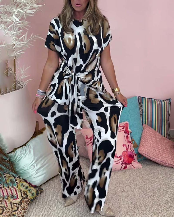 Ensemble deux pièces décontracté à lacets et imprimé léopard