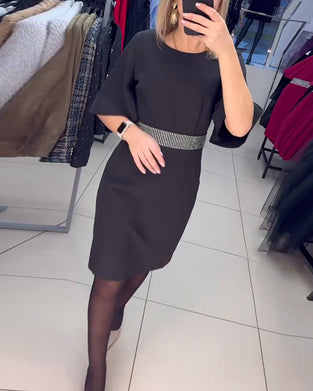 Robe Col Rond Manches Mi-Longues Évasées Taille