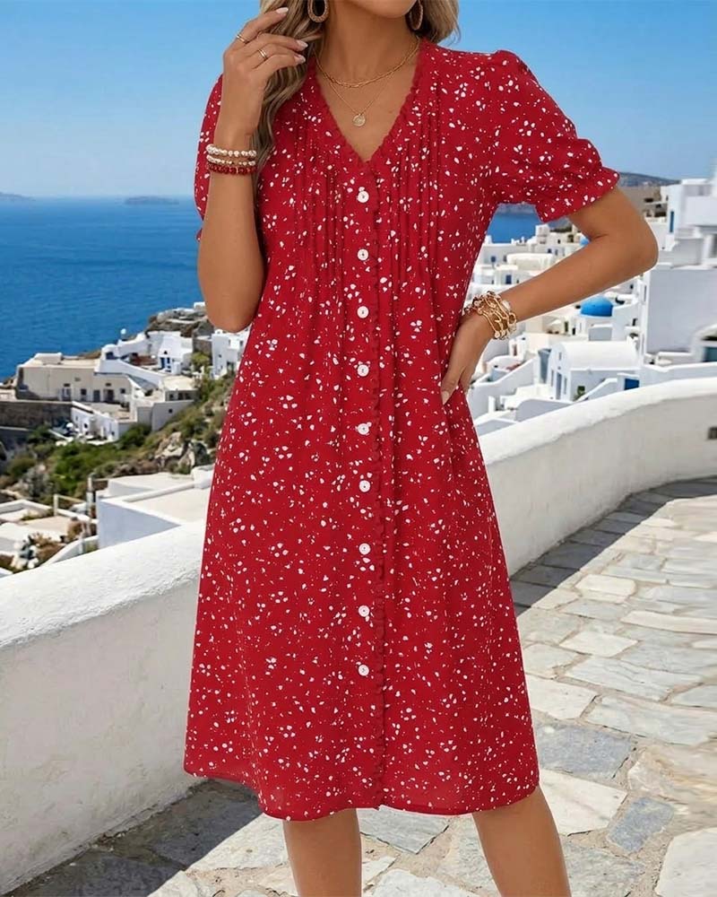 Robe Fleurie Col V Boutonnée Devant