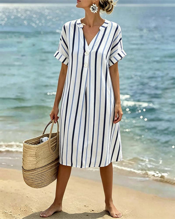 Robe Col V Rayée À Manches Courtes