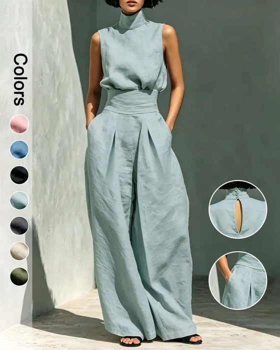 Combinaison Col Haut Sans Manches Large Jambe Taille