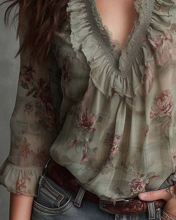 Blouse Fleuri Col V Froncé