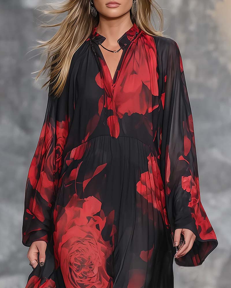 Robe Tempérament Loose Rose Imprimé Longue