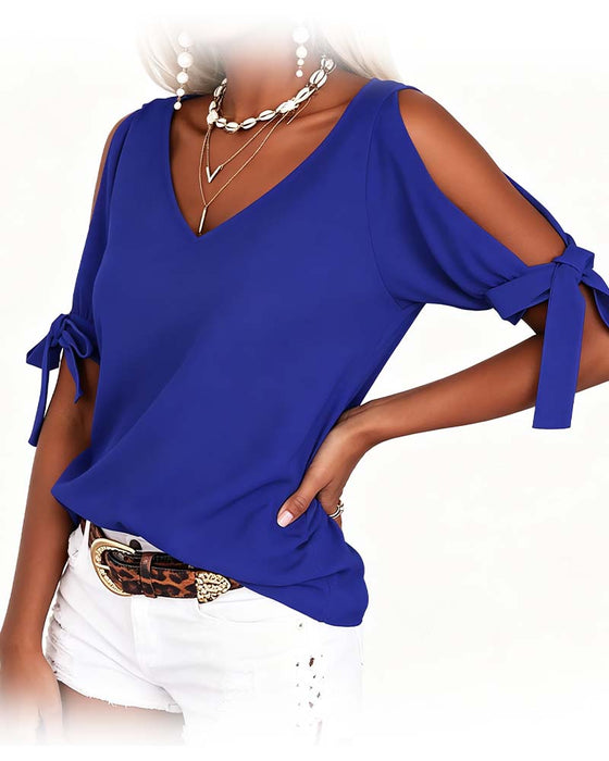 Blouse Col En V Cold Shoulder Nœud Papillon Unie