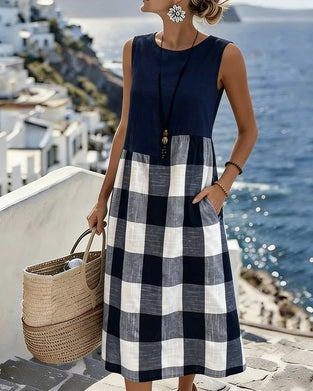 Robe Dos Nu Patchwork Plaid Sans Manches